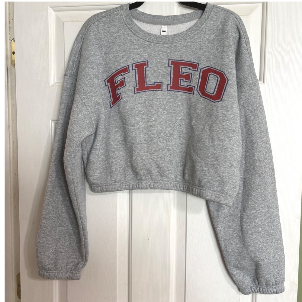 FLEO Cropped Sweatshirt Women Large Gray Varsity Logo Pullover